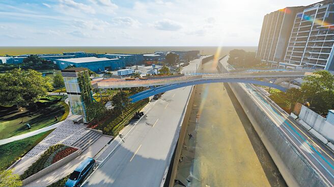 新北市水利局投入1.6億元，規畫興建跨越五股坑溪連接洲子洋重劃區的五股環保藝術公園跨河景觀橋，2023年12月底開工，預計2025年4月完工，圖為模擬圖。（新北市水利局提供／陳慰慈新北傳真）