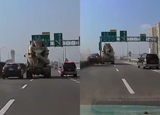 到匝道口才做選擇？水泥車急閃「螃蟹車」 擠壓內線車衰撞護欄