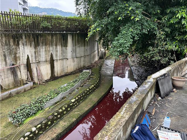 水溝被染紅。（新北市環保局提供）