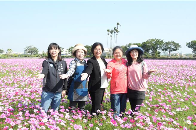彰化县埔盐乡「2024南新农村花海艺术节」6日登场，彰化县长王惠美（中）与埔盐乡长许文萍（左一）邀请全国乡亲前来畅游花海。（彰化县政府提供／孙英哲彰化传真）