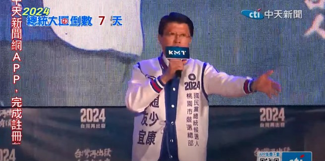 國民黨今(6)晚於桃園中壢舉行「台灣平安 人民侯康」桃園團結勝利大會，前台南市議員謝龍介現身助講。(截自中天新聞直播)