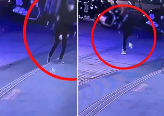 男子入场时穿平底鞋，出场变成名牌运动鞋。（翻摄画面）