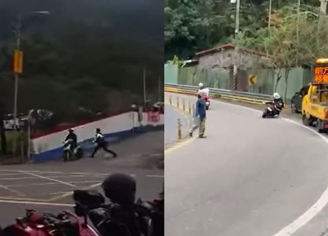 网上流出一段影片，有员警在坪林加油站包围入、出口要抓改装车骑士，但也有不少骑士拒绝拦检，冒险闯过；另外，在同一天，还有骑士在北宜道路上，转弯处重心不稳，不慎，撞到停在一旁汽车。（图／翻摄自脸书爆料公社二社）