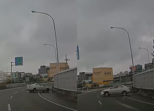 有驾驶日前开车下苗栗头份交流道时，拍下1辆轿车于转弯处失控撞护栏分享在网路上。（图／翻摄自脸书爆料公社公开版）