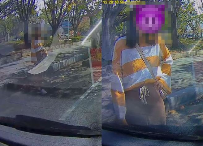 他发现路边停车格有位子后，要倒入近停车格时，却遭到1名女子「人肉占车位」。（图／翻摄自脸书爆料公社公开版）