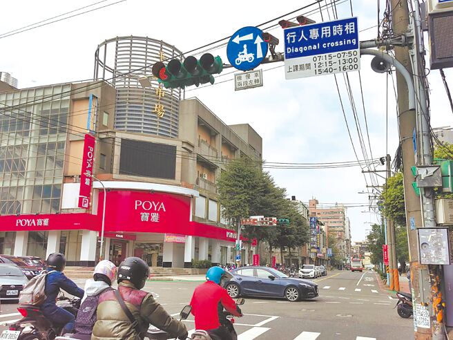 桃園市交通局在南桃園的平鎮區延平路與康樂路口等共4處路口，實施行人專用時相，維護行人過馬路時安全。（呂筱蟬攝）