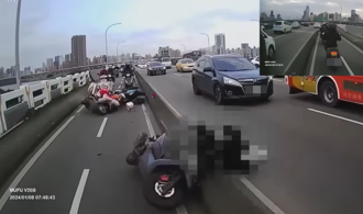 追尾畫面曝光！三重忠孝橋機車連環撞 3騎士犁田慘摔