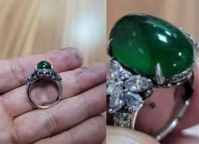 掉落水溝的帝王綠翡翠戒指，找尋3天3夜終於尋獲。（圖／翻攝自極目新聞）