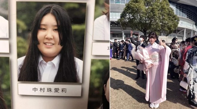 中村珠爱莉PO出高中毕业照和「成人之日」照，对比自己过去几年来减肥成功的心路歷程。 （图／翻摄自X平台帐号@9ninecat_ ）