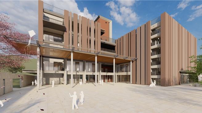 民政局预计投入逾11.4亿元规画兴建莺歌、中和、八里区第二纳骨塔，2027年前陆续完工，届时可再增加12万个塔位。图为莺歌第二纳骨塔模拟图。（新北市民政局提供）