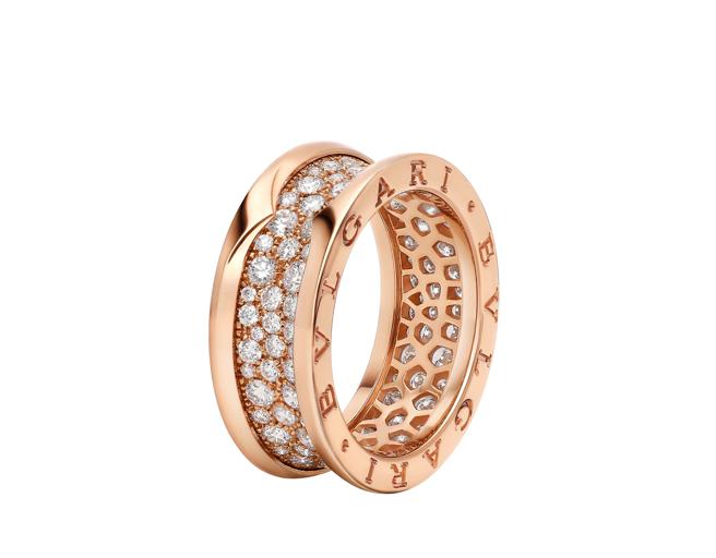 寶格麗B.ZERO1系列 玫瑰金鑲鑽戒指。（BVLGARI提供）