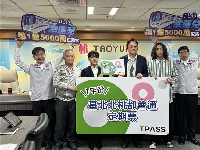 桃园市长张善政，的通勤月票给戴姓上班族，并持续协寻和戴男一样的另9位1.5亿前后5名的乘客，他提到机捷日运量去年已逼近11万人次，预估明年4月就能突破2亿人次。(蔡依珍摄)