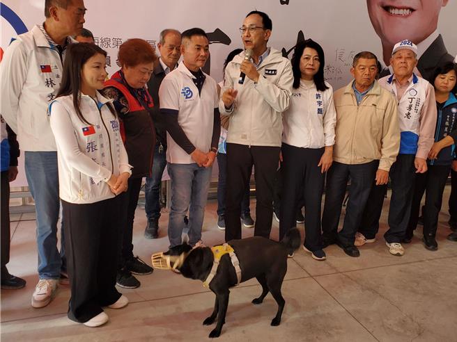 國民黨主席朱立倫今（10日）到雲林為立委候選人丁學忠、邱良閱打氣拉票，朱立倫表示，丁學忠是國民黨立院席次過半很關鍵的一票，虎尾一定要大贏。 朱對支持者談話時，一隻黑狗也面前搖尾助選。（周麗蘭攝）