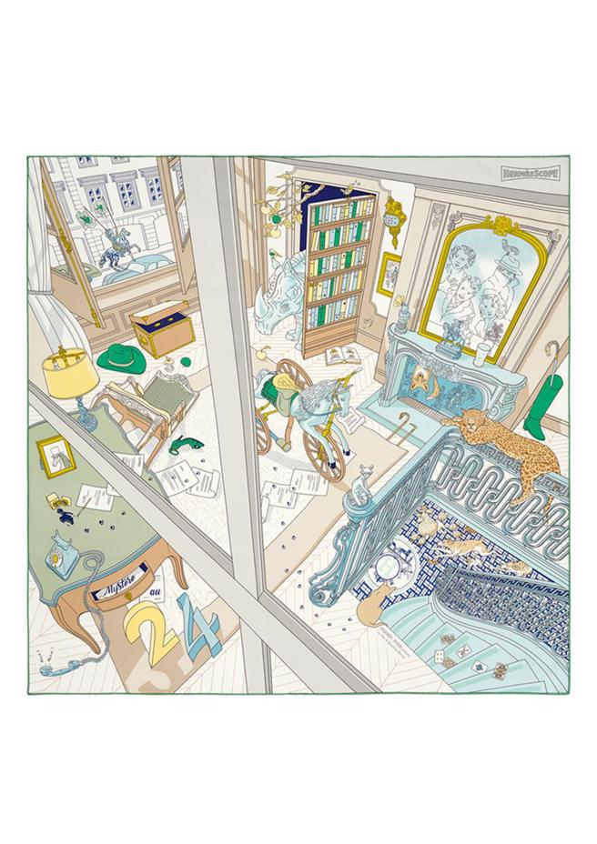 充滿各種猜謎24數字的絲巾，Mystere au 24圖紋印花斜紋真絲方巾，售價1萬8500元。（Hermes提供／黃唯淯台北傳真）