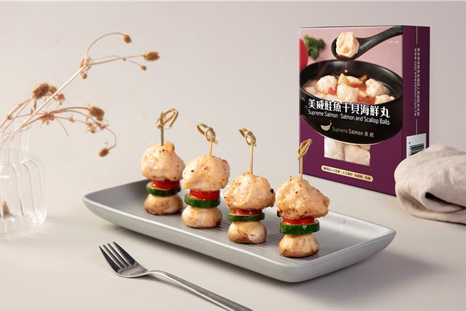 美威鲑鱼「干贝海鲜丸」，1盒135元。（美威鲑鱼提供／朱世凯台北传真）