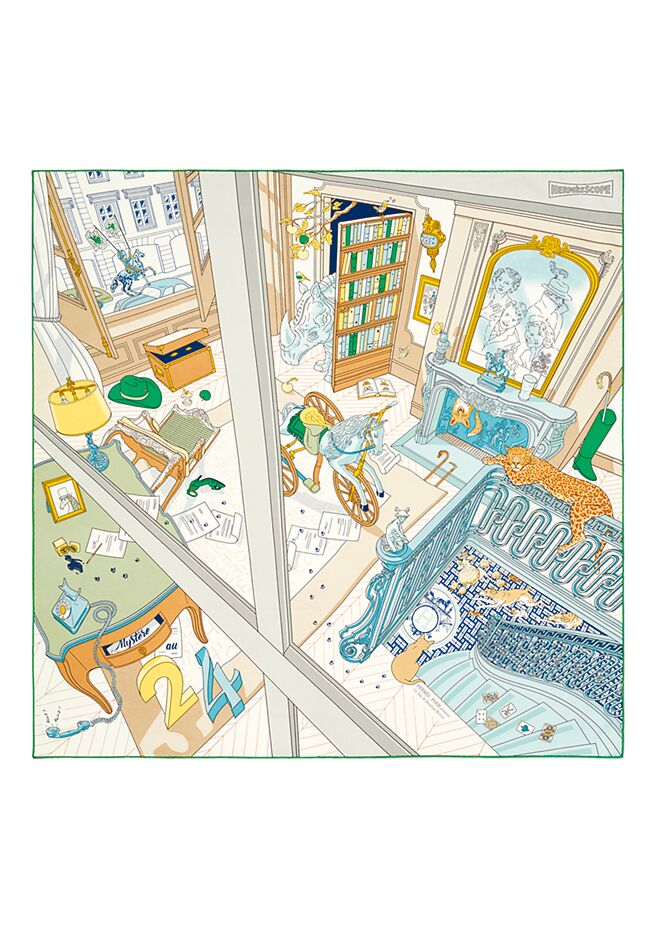 充滿各種猜謎24數字的絲巾，Mystere au 24圖紋印花斜紋真絲方巾，售價1萬8500元。（Hermes提供）