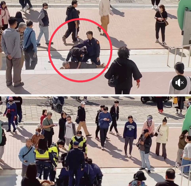 一名男子今日酒醉后大闹淡海国小，警方及时赶抵压制 。（图 / 翻摄自脸书社团《细说淡水》）