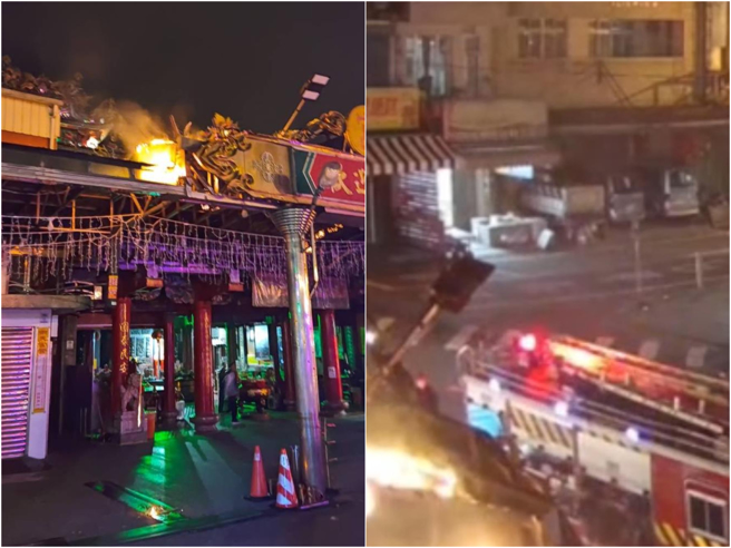 宜蘭南方澳知名南天宮12日晚驚傳火警，疑似候選人車隊施放鞭炮不慎引發火災，導致廟前廣場的遮雨棚燒出幾個大洞。（民眾提供／吳佩蓉宜蘭傳真）