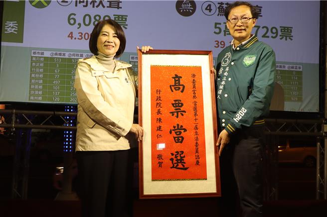 屏東立委二選區（屏南）激戰不斷，最終由民進黨籍徐富癸（右）出線，屏東縣長周春米（左）趕至現場道賀。（謝佳潾攝）