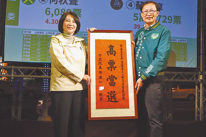 屏東立委二選區（屏南）激戰不斷，最終由民進黨籍徐富癸（右）出線，屏東縣長周春米（左）趕至現場道賀。（謝佳潾攝）