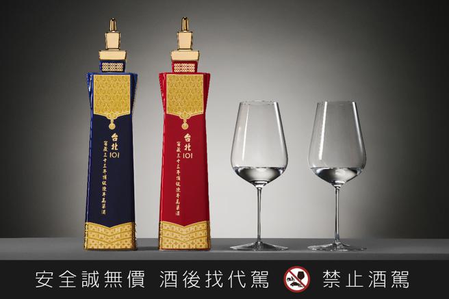 「台北101纪念酒」年节礼盒，附赠要价近4千元的JRxRB高脚杯一对。（台北101提供)
