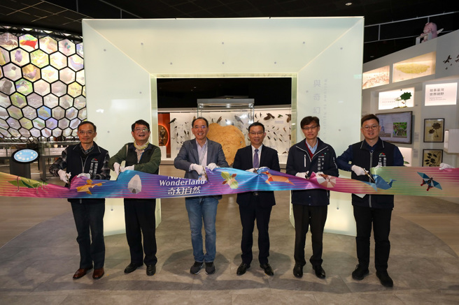 奇幻自然开幕典礼剪彩仪式，左起台中市政府环保局商文麟副局长、农业部生物多样性研究所杨嘉栋所长、国立自然科学博物馆焦传金馆长、教育部林明裕政务次长、台中市政府教育局蒋伟民局长、台中市政府数位治理局林谷隆局长。(照片/教育局提供)