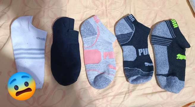 一名女网友洗完袜子总是少1只，现在5只全部都没办法成对。（翻摄爆怨公社脸书）