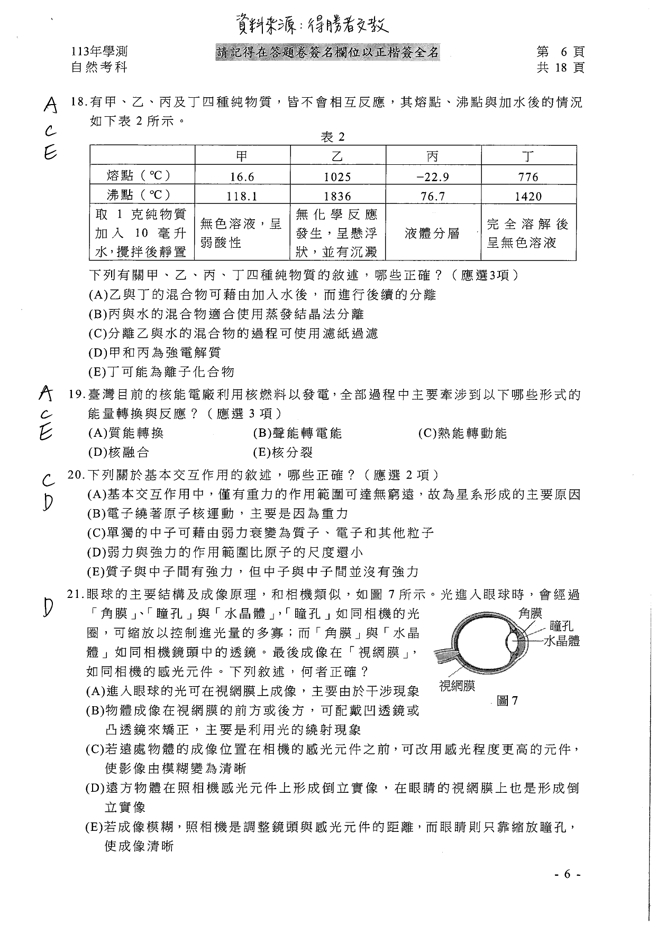 113学年度大学学测 自然科试题解答。(资料提供／得胜者文教)