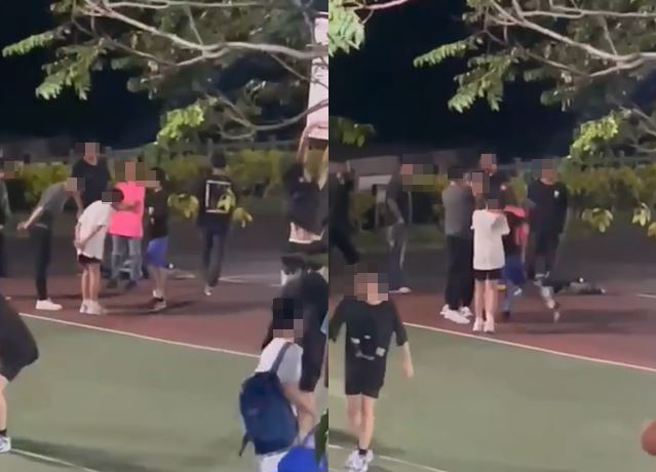篮球场斗殴发生口角纠纷，少年找家长来助阵，不甩对方鞠躬道歉挥拳泄恨。（图／翻摄画面）