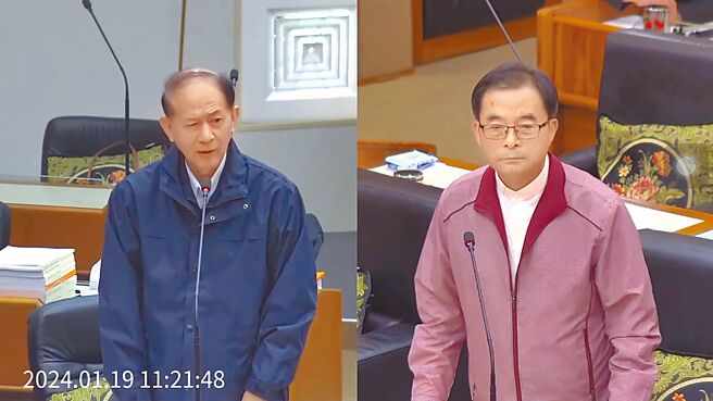 澎湖县警友会18日晚在马公顺成餐厅举行定期会员大会兼尾牙餐叙，却爆出两昔日政治立场都挺绿的同窗，因这次立委选举支持对象不同爆发口角衝突，议员欧中慨（右）在19日议会临时会上还拿此质询在场的新任警察局长李名昌（左）。（翻摄画面／许逸民澎湖传真）