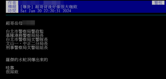 超哥家世背景被起底，岳父母是「警界大咖」。（圖／PTT）