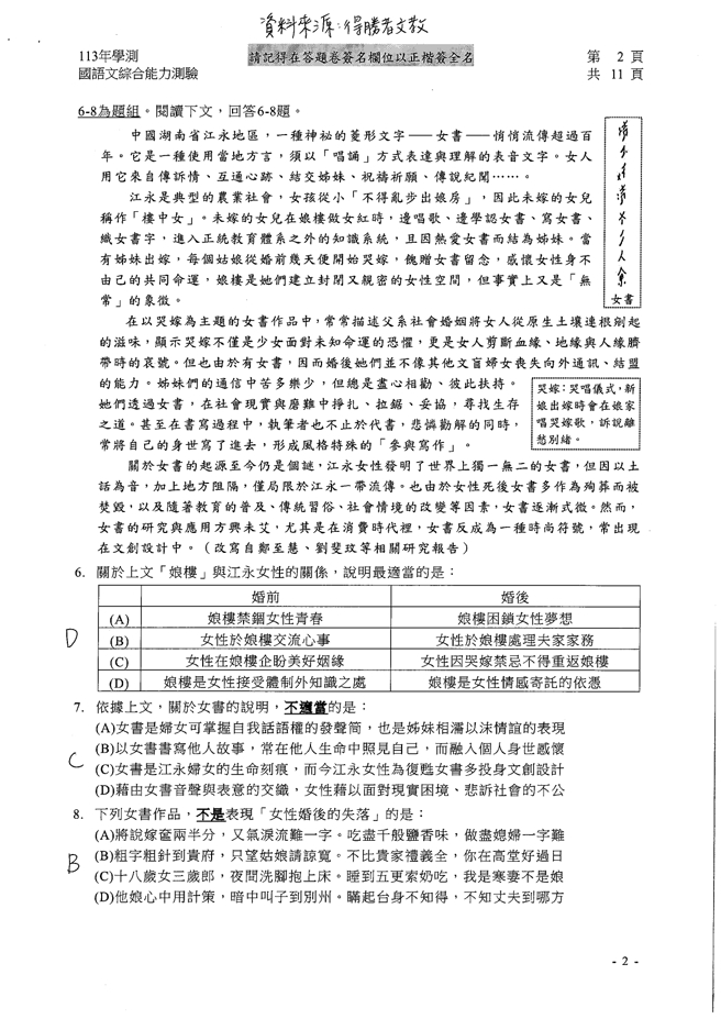 113学年度大学学测 国文科试题解答。(资料提供／得胜者文教)
