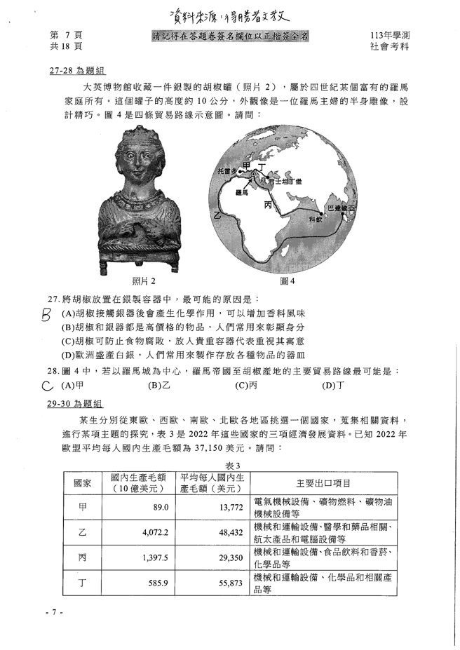 113学年度学科能力测验 社会科试题解答。(资料提供／得胜者文教)
