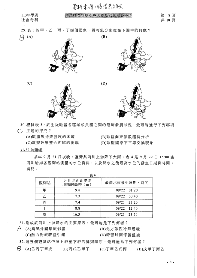 113学年度学科能力测验 社会科试题解答。(资料提供／得胜者文教)
