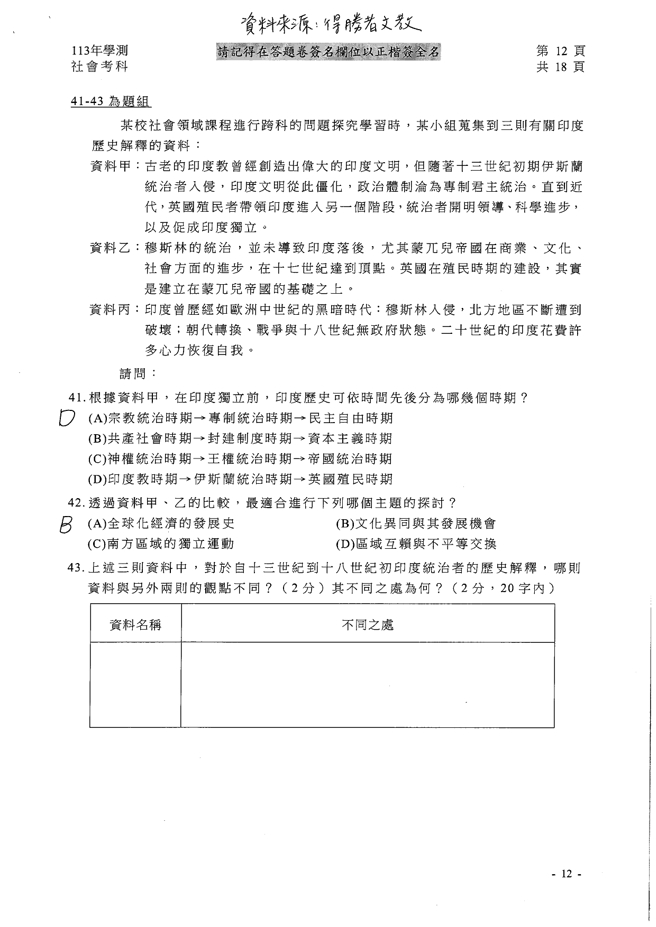 113学年度学科能力测验 社会科试题解答。(资料提供／得胜者文教)
