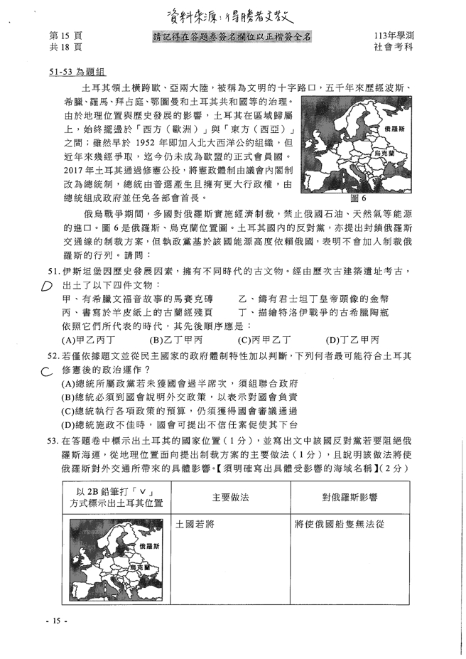 113学年度学科能力测验 社会科试题解答。(资料提供／得胜者文教)
