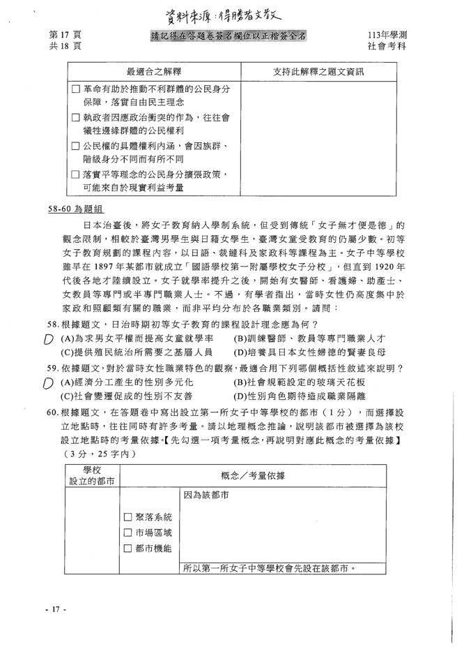 113学年度学科能力测验 社会科试题解答。(资料提供／得胜者文教)
