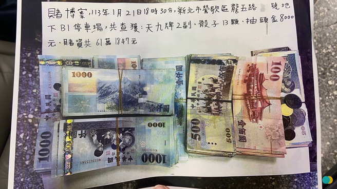 15名賭客躲在簡陋的工地玩天九牌，現場還提供飲料及食物讓賭客充飢，員警清點及搜身後查扣賭具2副、骰子、賭資61萬餘元、抽頭金8000元。（圖／警方提供）