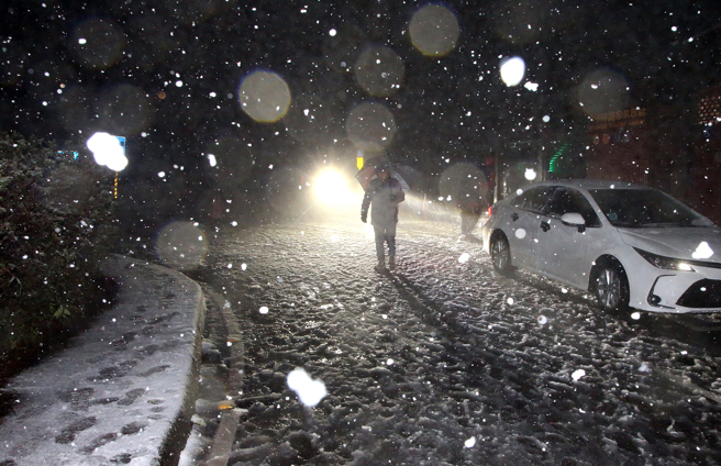 入冬最强寒流来袭，阳明山难得下雪，吸引不少民眾上山追雪。（赵双杰摄）