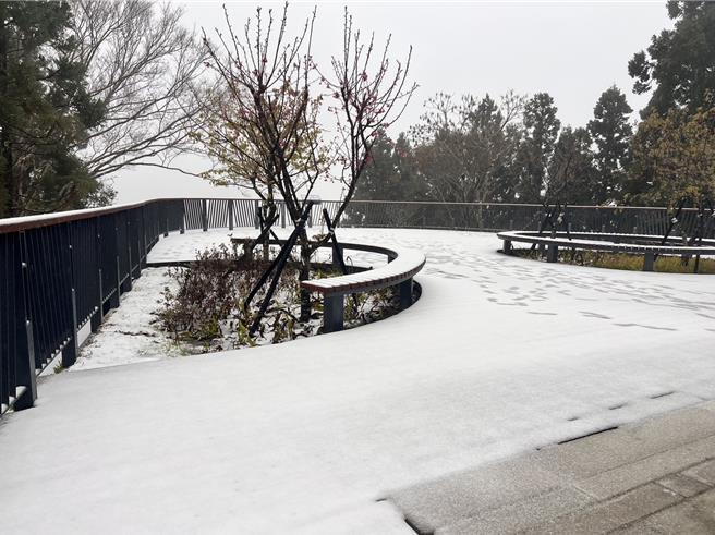 桃園復興下雪了後山3里停班課，車輛未加掛雪鍊不得上山。(蘇佐璽提供／呂筱蟬桃園傳真)