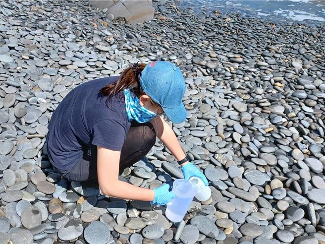 海洋委員會國家海洋研究院推廣環境DNA技術，圖為工作人員對礫石生態系環境DNA海水樣本採集。（國海院提供／林瑞益高雄傳真）