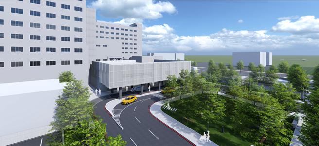 联合医院北侧大厅完工后人潮南北出入口分流，交通动线将更便利。（完工模拟图图片来源：高雄市工务局提供）