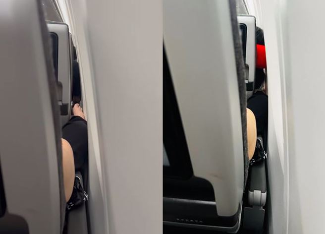 女子搭飛機，原本要拍飛機起飛夜景，卻意外拍到有大媽伸腳饋咖，讓她感覺不尊重他人。（圖／翻攝自臉書爆料公社二社）