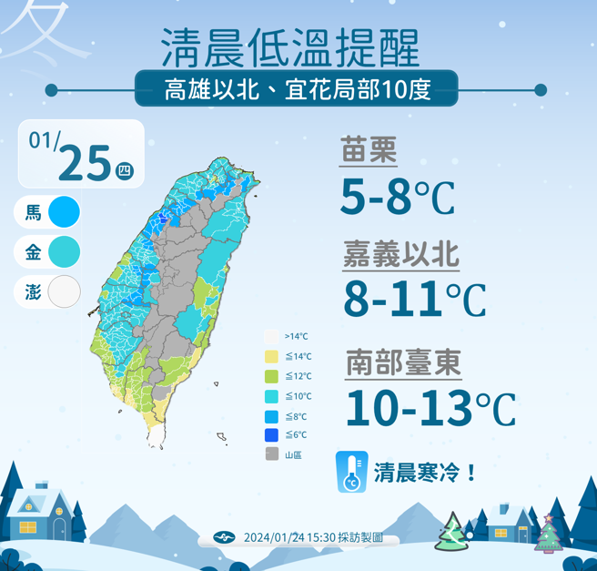 氣象署分析各地清晨低溫。（氣象署提供）