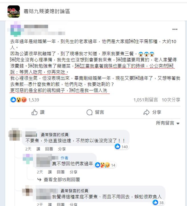 有人妻到老公老家帮煮10人份餐，要入桌吃饭时，却遭公公阻止表示「等男人吃完妳再来吃」。（图／翻摄自脸书毒姑九贱婆媳讨论区）