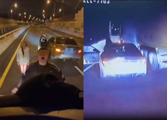 超狂賓士國道「1挑4大車」！他攔車敲窗 短褲妹嚇喊：好了啦