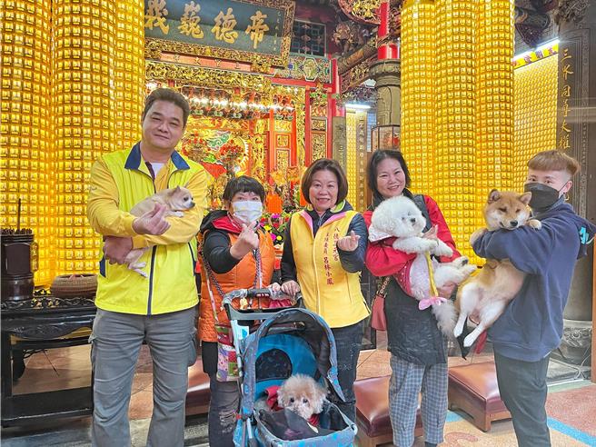 八德三元宮首度提供點寵物平安燈，今早廟內出現柴犬、吉娃娃、烏龜、鴿子等動物，相當熱鬧。（陳夢茹攝）