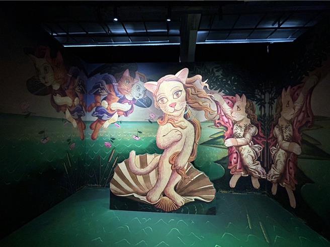 「貓美術館」今年重返台灣，除集結60件貓咪名畫外，還帶來全新展區規畫及10件首度在台展出的畫作，即日起至4月14日在1936文化基地10號倉庫療癒展出中。（謝佳潾攝）
