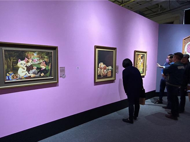 「貓美術館」今年重返台灣，除集結60件貓咪名畫外，還帶來全新展區規畫及10件首度在台展出的畫作，即日起至4月14日在1936文化基地10號倉庫療癒展出中。（謝佳潾攝）