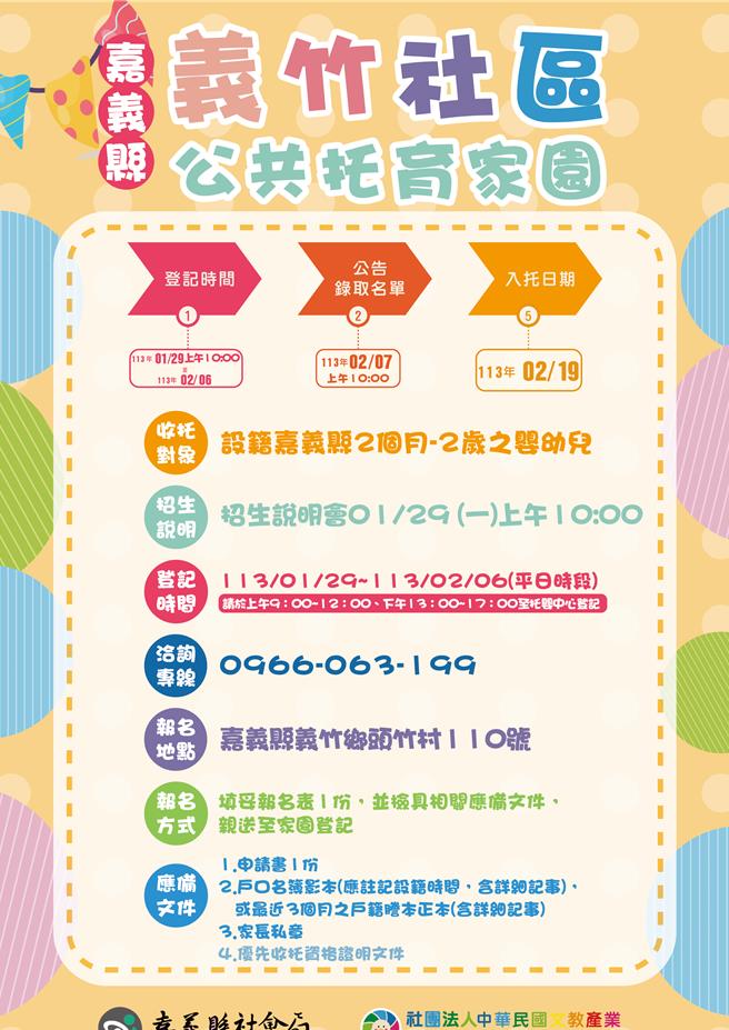 嘉义县义竹乡公共托育家园29日起开放报名，2月正式收托。（嘉义县政府提供／廖素慧嘉县传真）